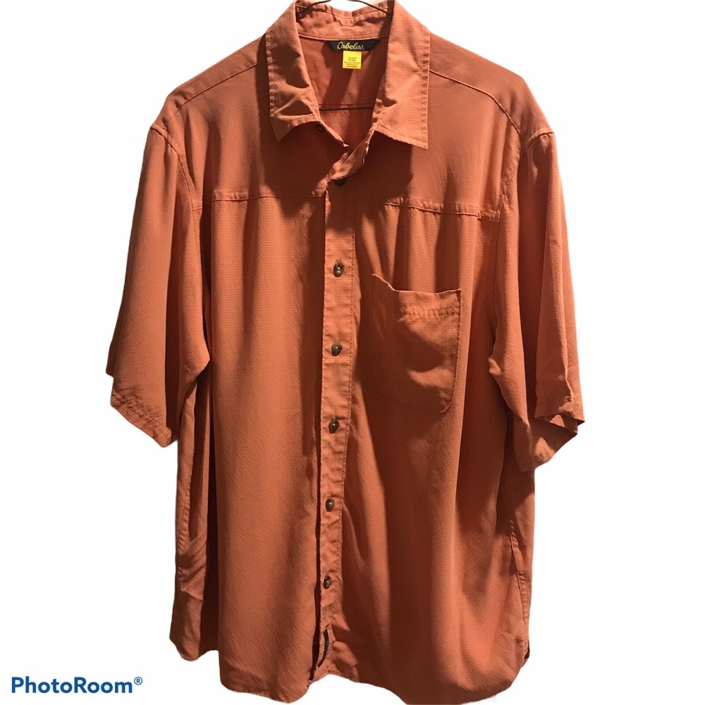 Cabelas Large Button Up Short Sleeve Orange/White Checked Shirt